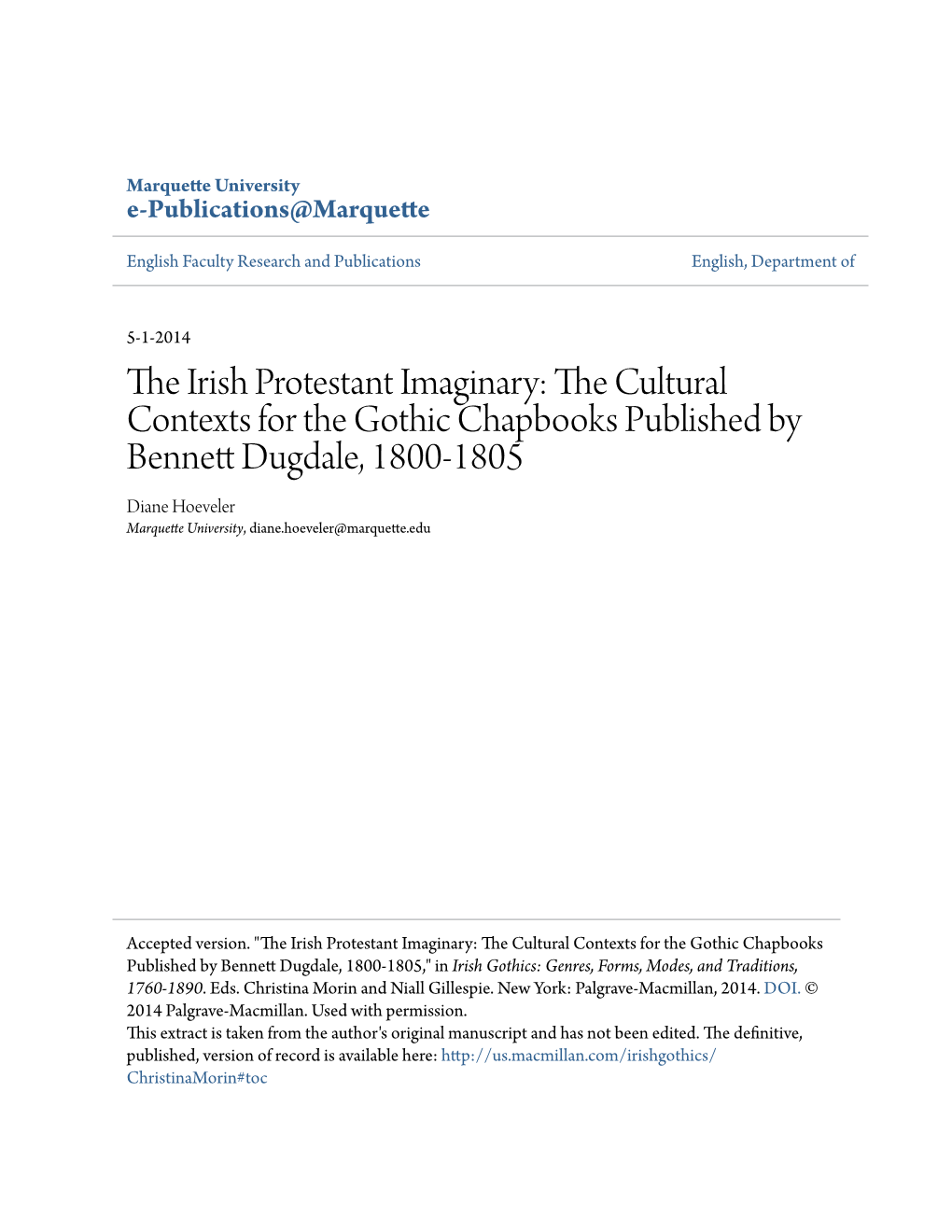 The Irish Protestant Imaginary: the Cultural Contexts for the Gothic Chapbooks