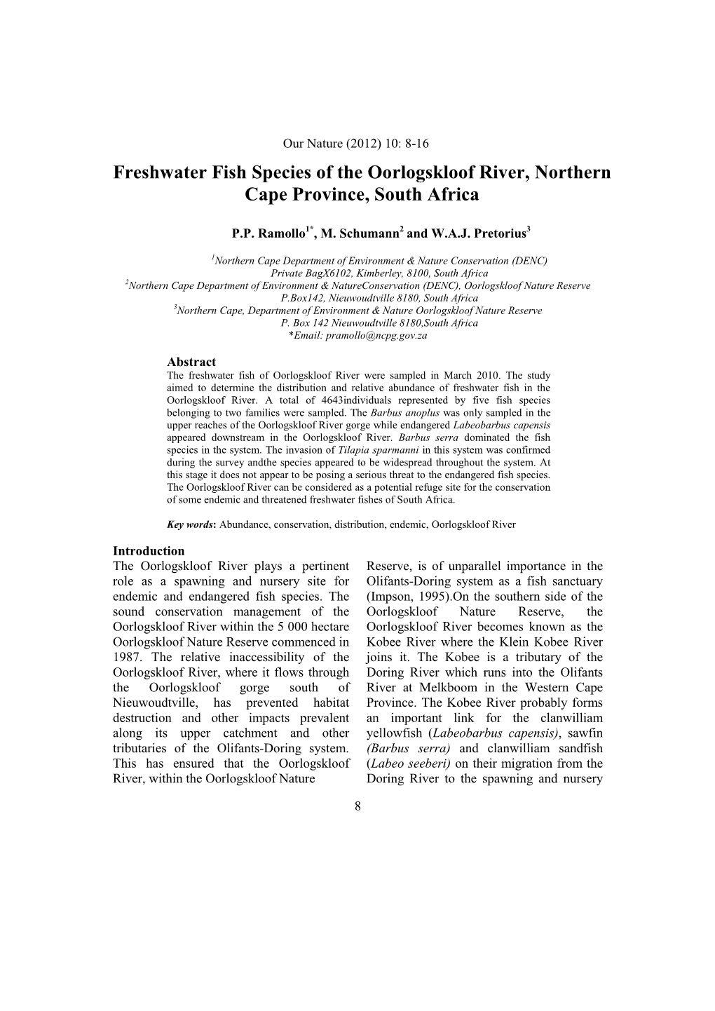 Freshwater Fish Species of the Oorlogskloof River, Northern Cape Province, South Africa