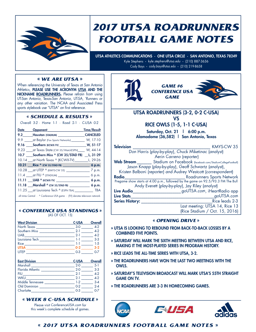 2017 Utsa Roadrunners Football Game Notes