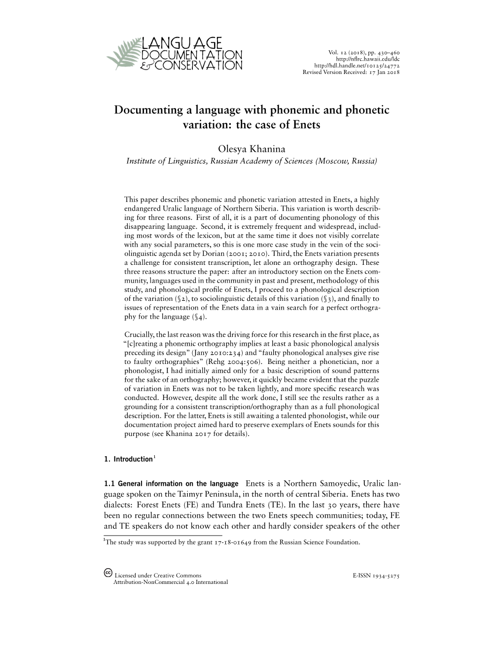 Documenting a Language with Phonemic and Phonetic Variation: the Case of Enets