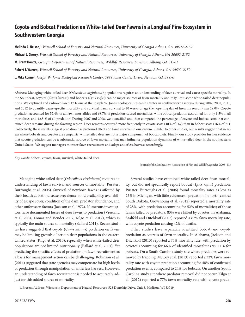 Coyote and Bobcat Predation on White-Tailed Deer Fawns in a Longleaf Pine Ecosystem in Southwestern Georgia