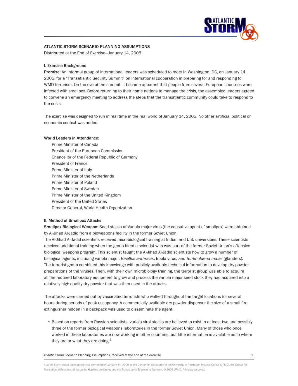 Scenario Planning ASSUMPTIONS Distributed at the End of Exercise—January 14, 2005