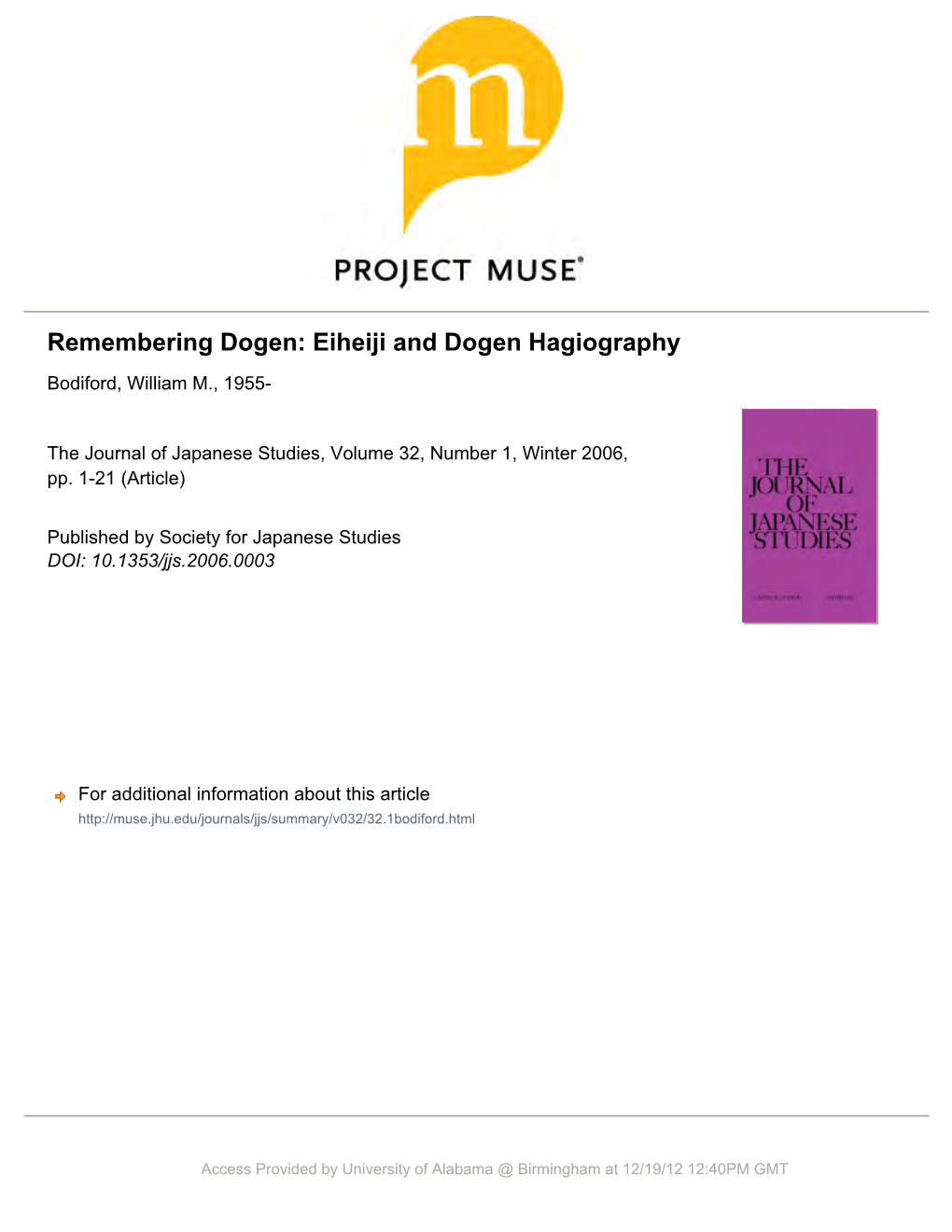 Remembering Dogen: Eiheiji and Dogen Hagiography