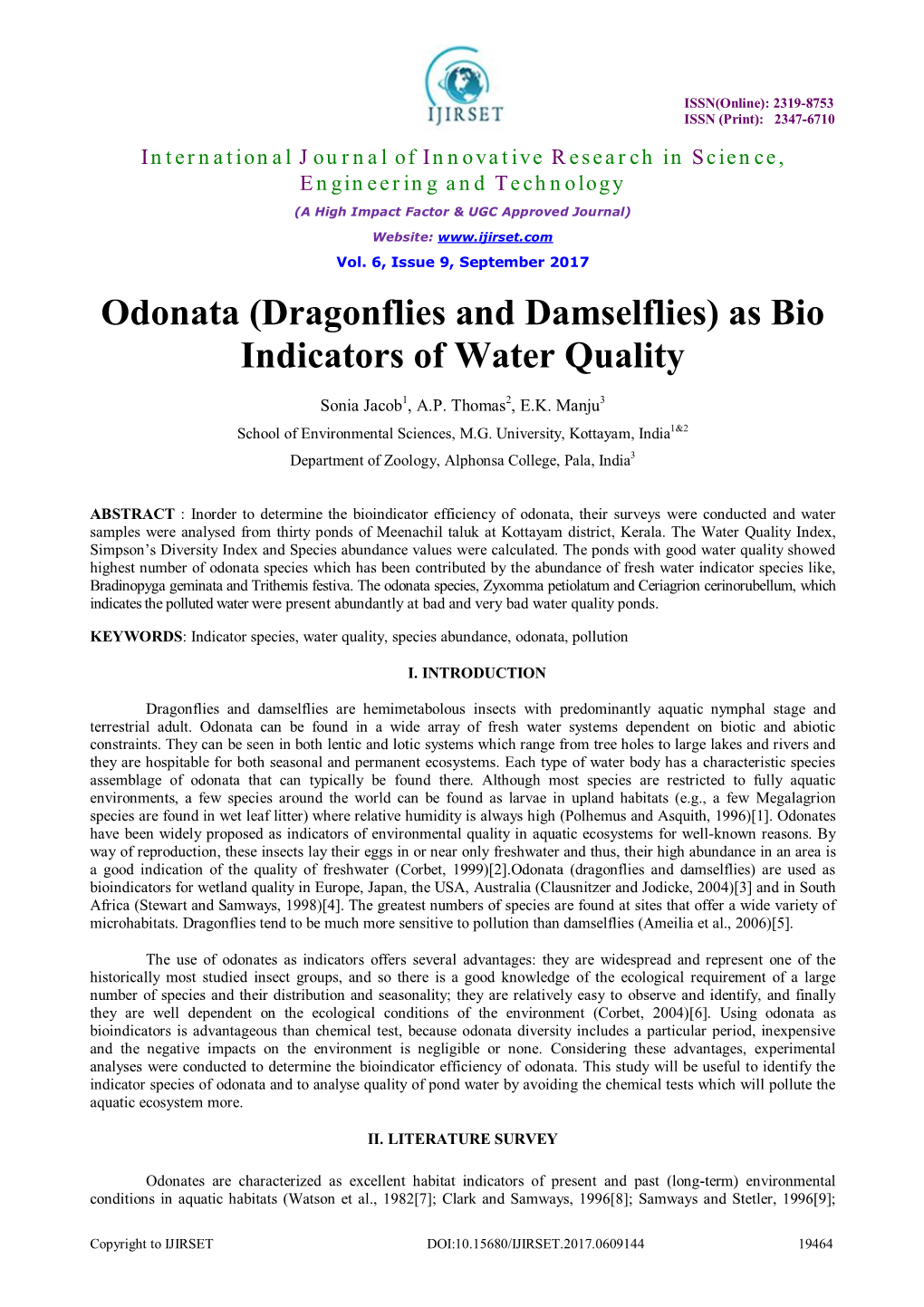 Odonata (Dragonflies and Damselflies) As Bio Indicators of Water Quality