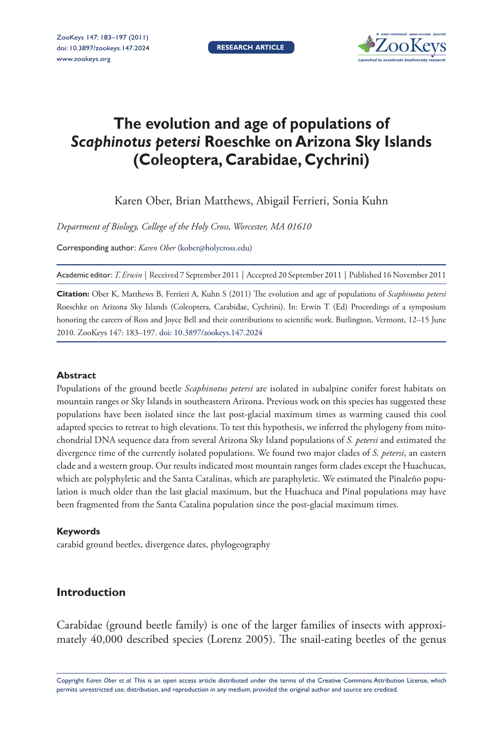 The Evolution and Age of Populations of Scaphinotus Petersi Roeschke on Arizona Sky Islands (Coleoptera, Carabidae, Cychrini)