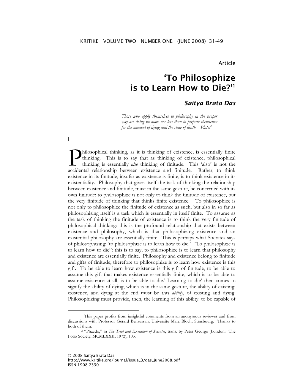 To Philosophize Is to Learn How to Die?’1