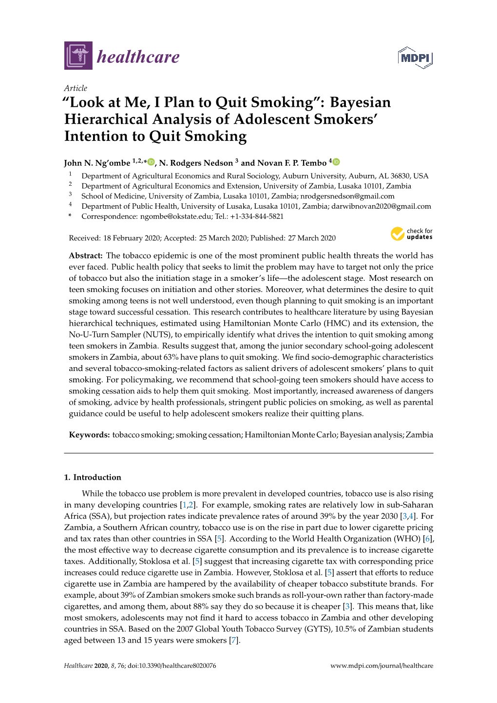 “Look at Me, I Plan to Quit Smoking”: Bayesian Hierarchical Analysis of Adolescent Smokers’ Intention to Quit Smoking