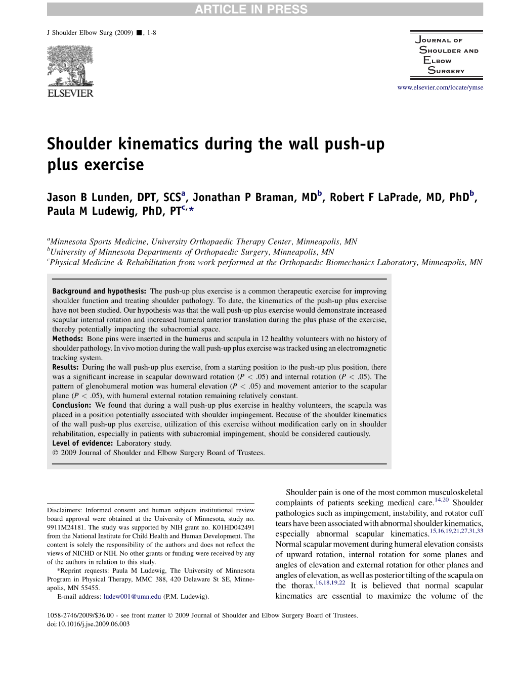 Shoulder Kinematics During the Wall Push-Up Plus Exercise