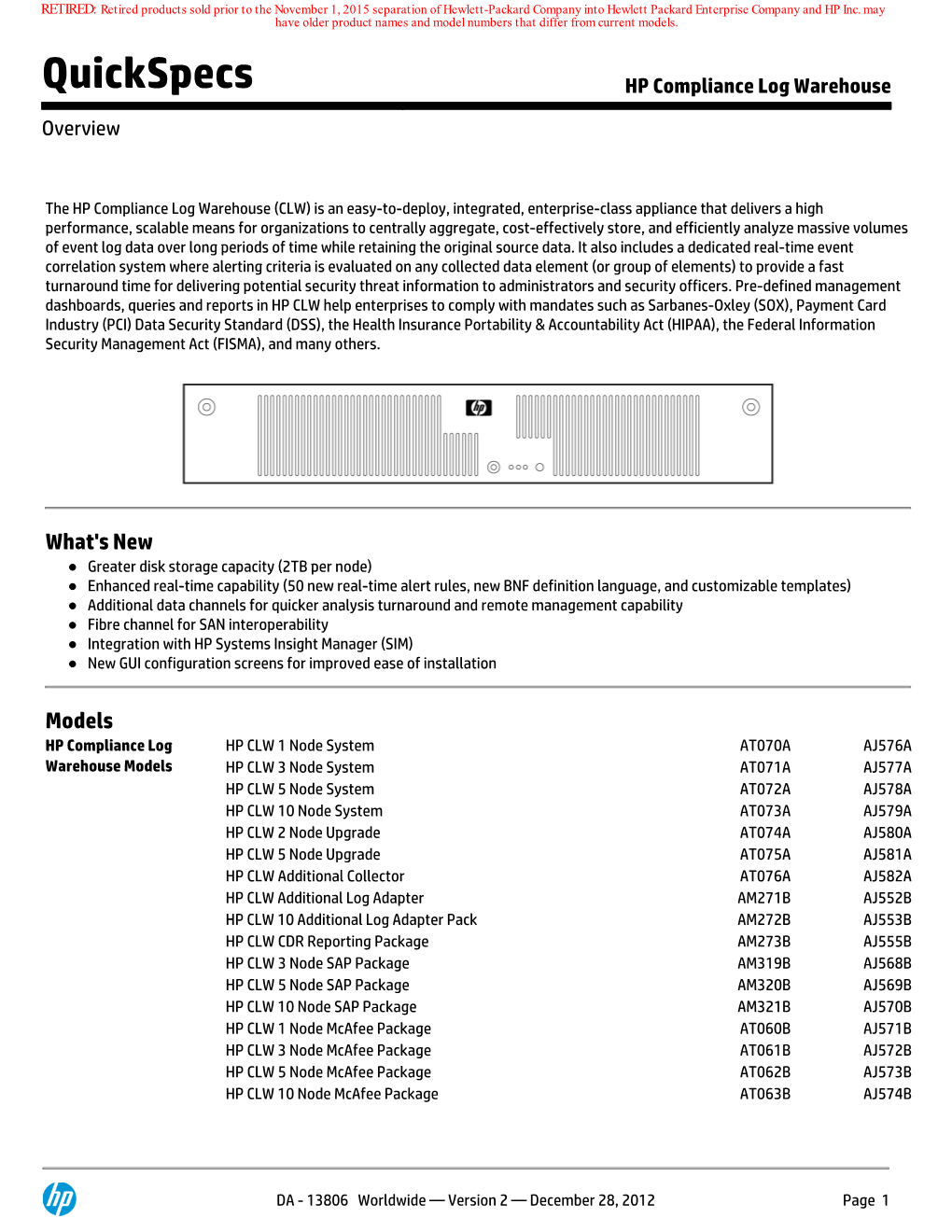 Quickspecs HP Compliance Log Warehouse