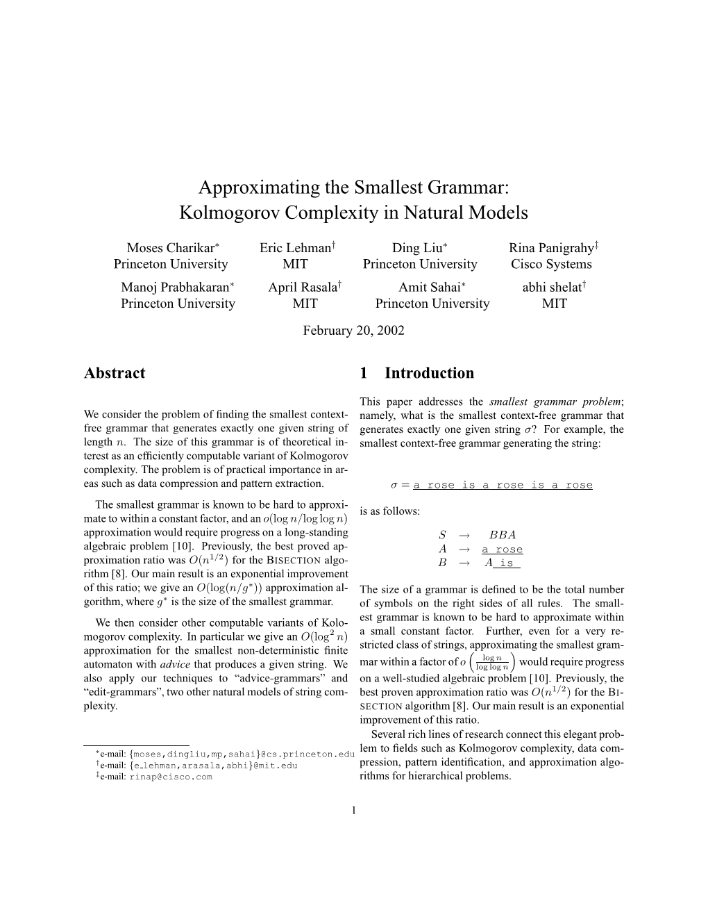 Approximating the Smallest Grammar: Kolmogorov Complexity in Natural Models