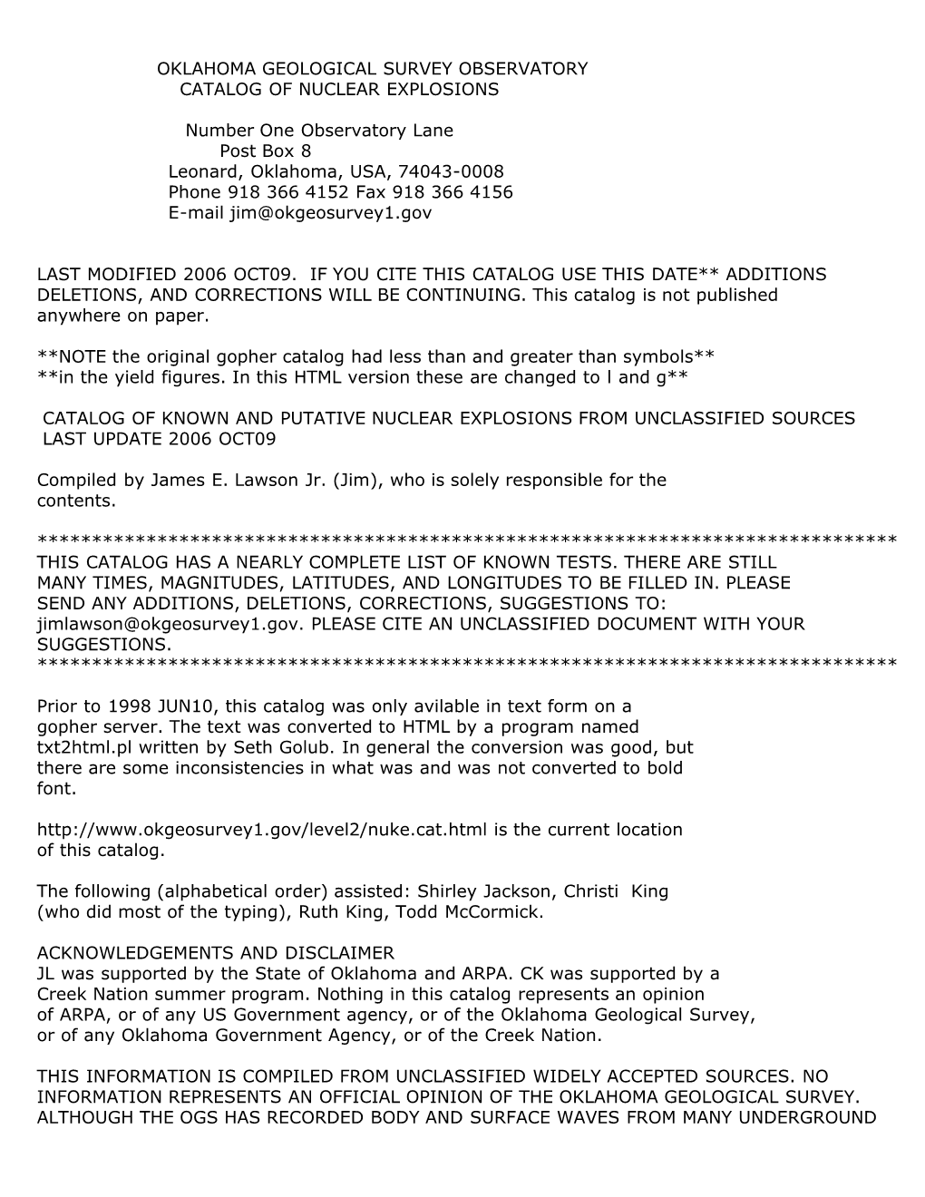 Oklahoma Geological Survey Observatory Catalog of Nuclear Explosions