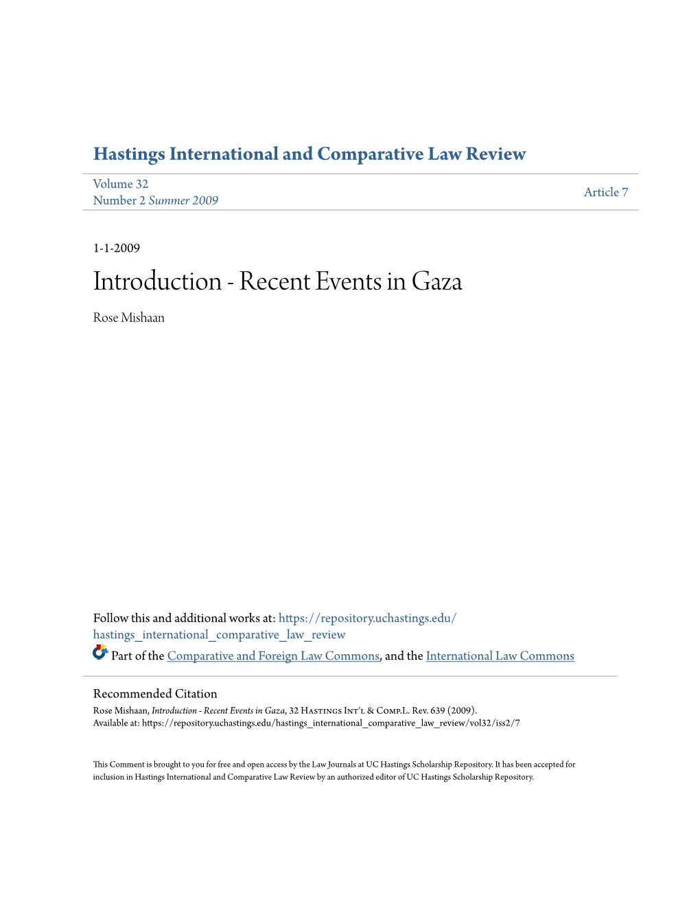 Introduction - Recent Events in Gaza Rose Mishaan