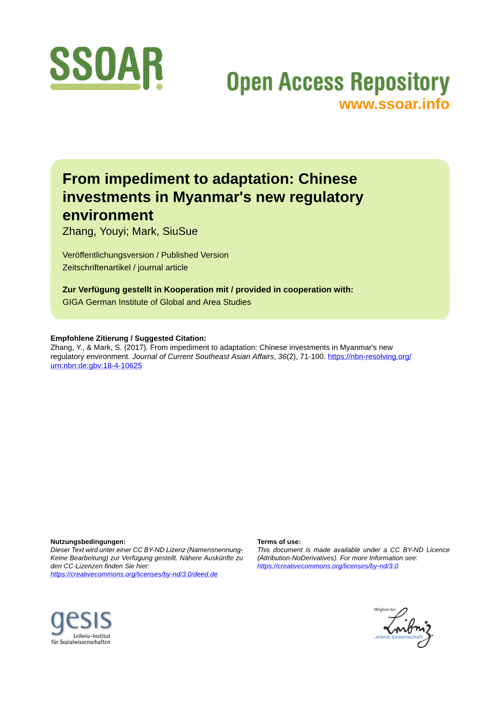 From Impediment to Adaptation: Chinese Investments in Myanmar's New Regulatory Environment Zhang, Youyi; Mark, Siusue