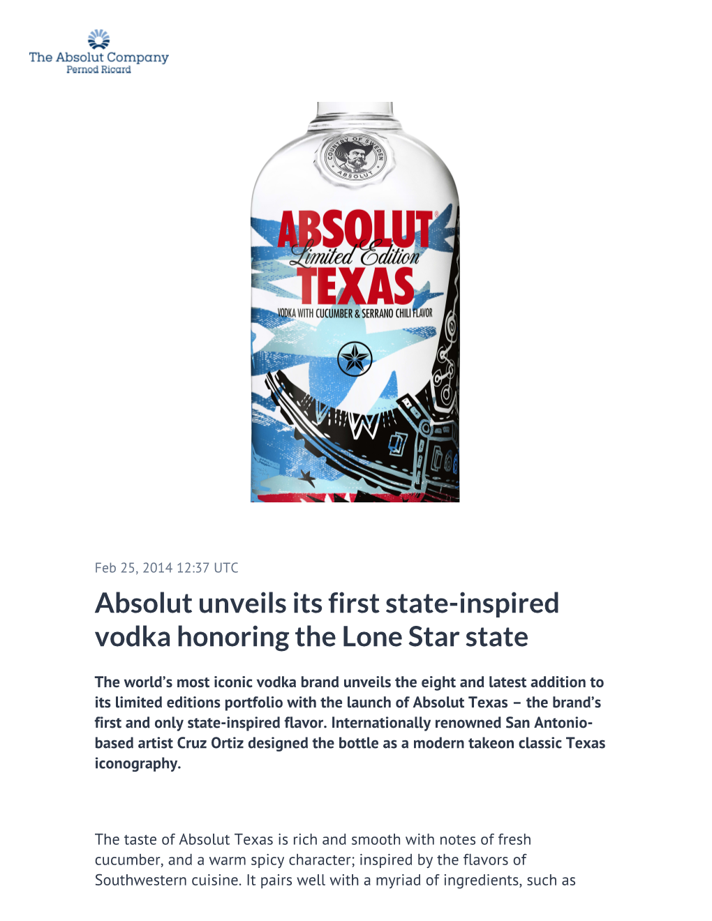 Absolut Unveils Its First State-Inspired Vodka Honoring the Lone Star State