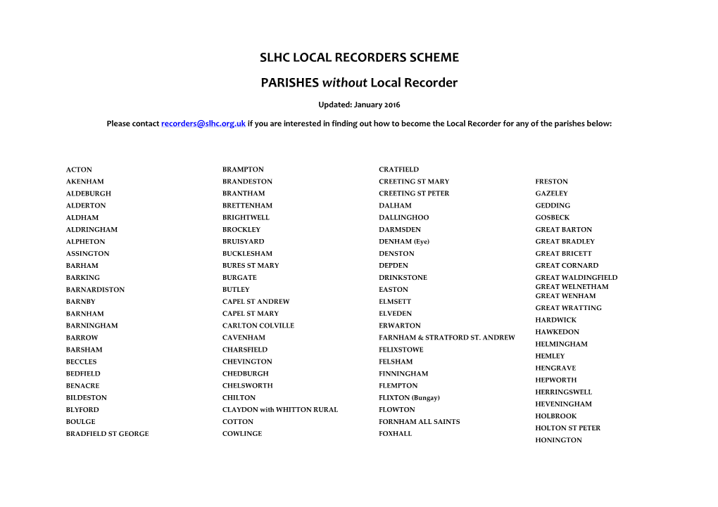 SLHC LOCAL RECORDERS SCHEME PARISHES Without Local Recorder