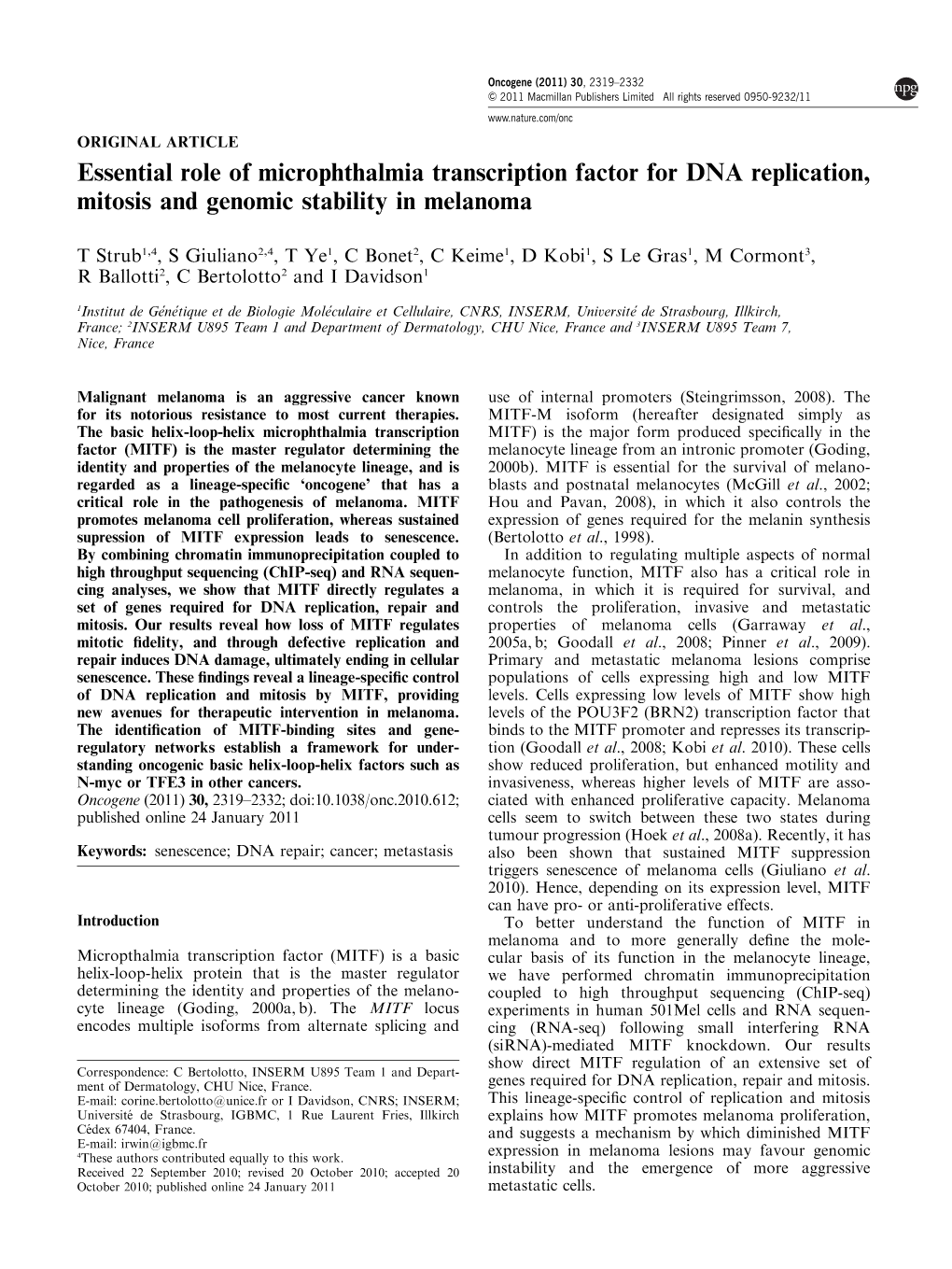 Essential Role of Microphthalmia Transcription Factor for DNA Replication, Mitosis and Genomic Stability in Melanoma