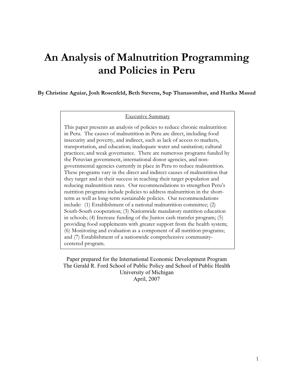 An Analysis of Malnutrition Programming and Policies in Peru