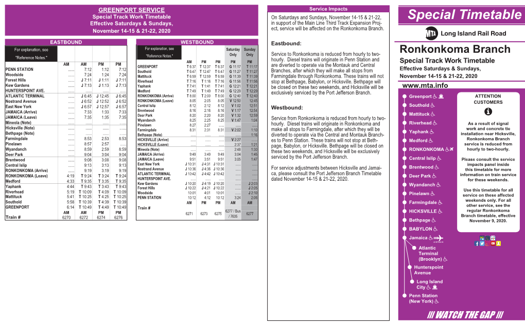 Special Timetable Ronkonkoma Branch