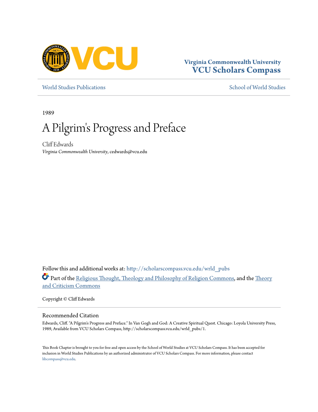 A Pilgrim's Progress and Preface Cliff De Wards Virginia Commonwealth University, Cedwards@Vcu.Edu