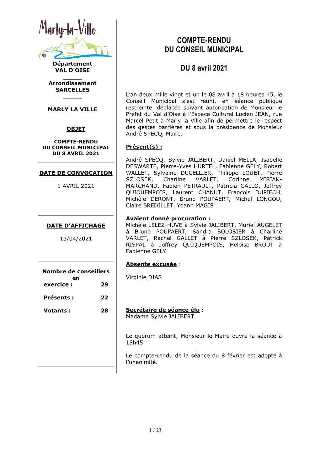 COMPTE-RENDU DU CONSEIL MUNICIPAL DU 8 Avril 2021