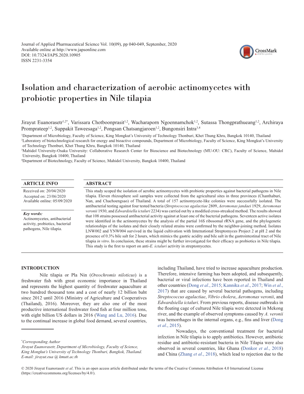 Isolation and Characterization of Aerobic Actinomycetes with Probiotic Properties in Nile Tilapia