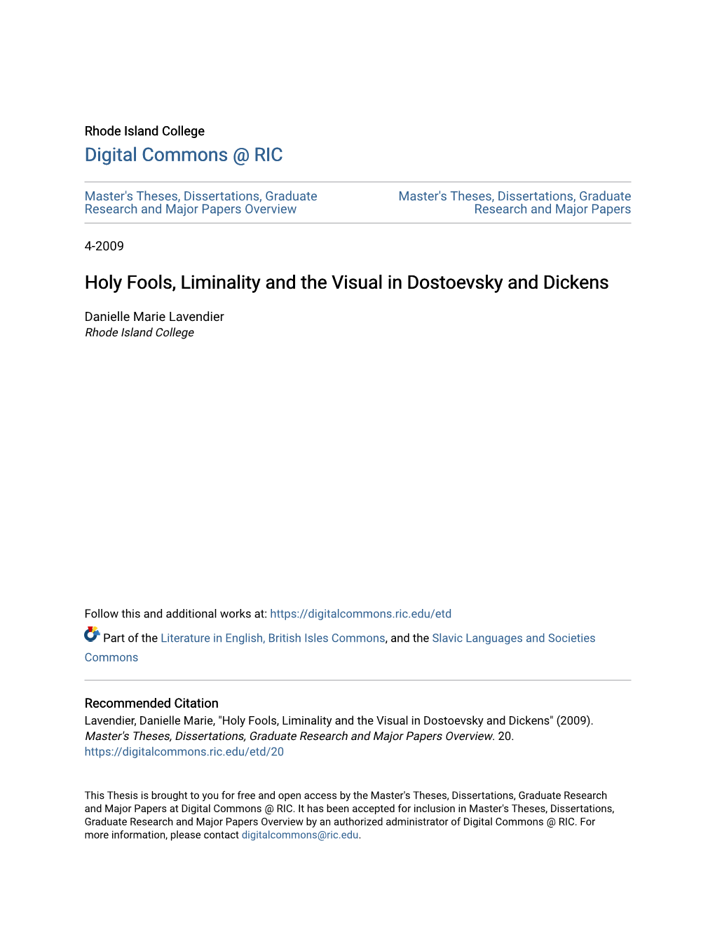 Holy Fools, Liminality and the Visual in Dostoevsky and Dickens