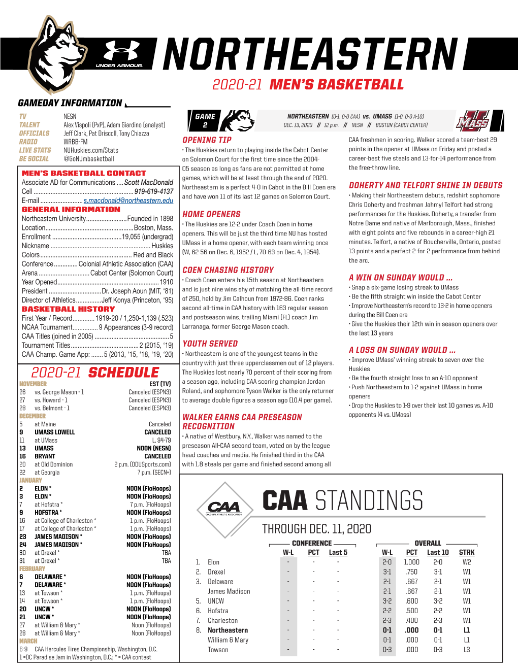 NORTHEASTERN 2020-21 MEN’S BASKETBALL GAMEDAY INFORMATION TV NESN GAME NORTHEASTERN (0-1, 0-0 CAA) Vs