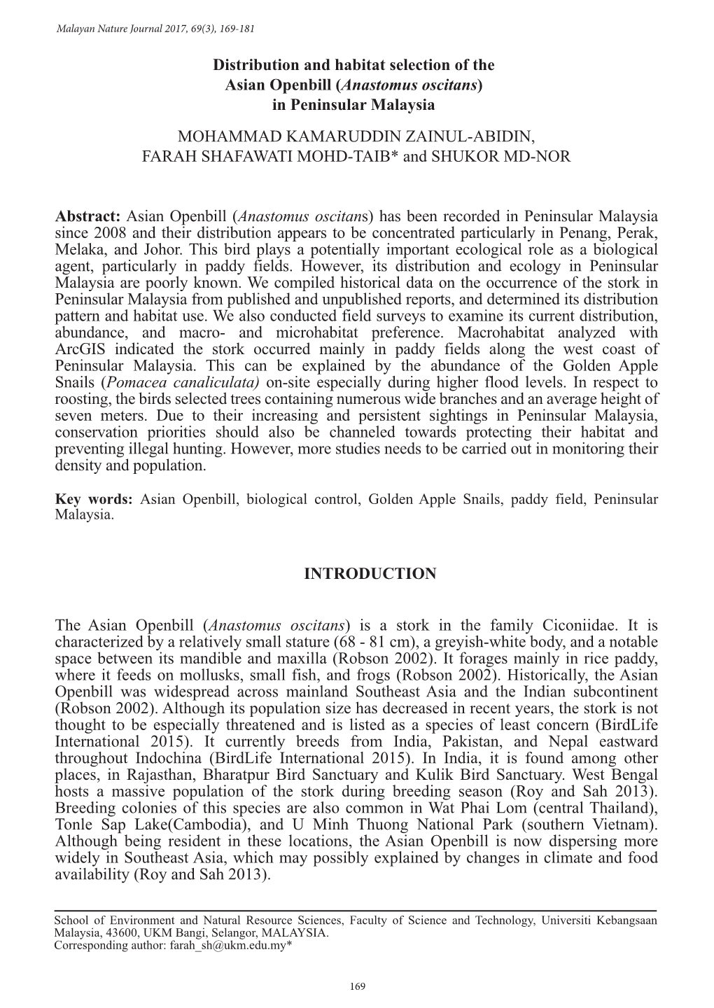 Distribution and Habitat Selection of the Asian Openbill (Anastomus Oscitans)