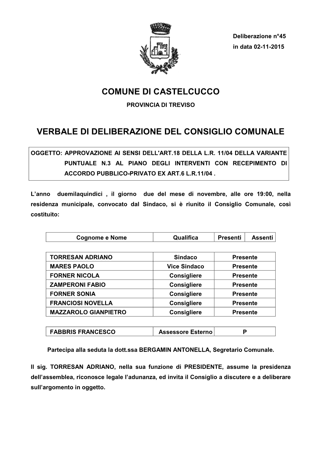 Comune Di Castelcucco Verbale Di Deliberazione