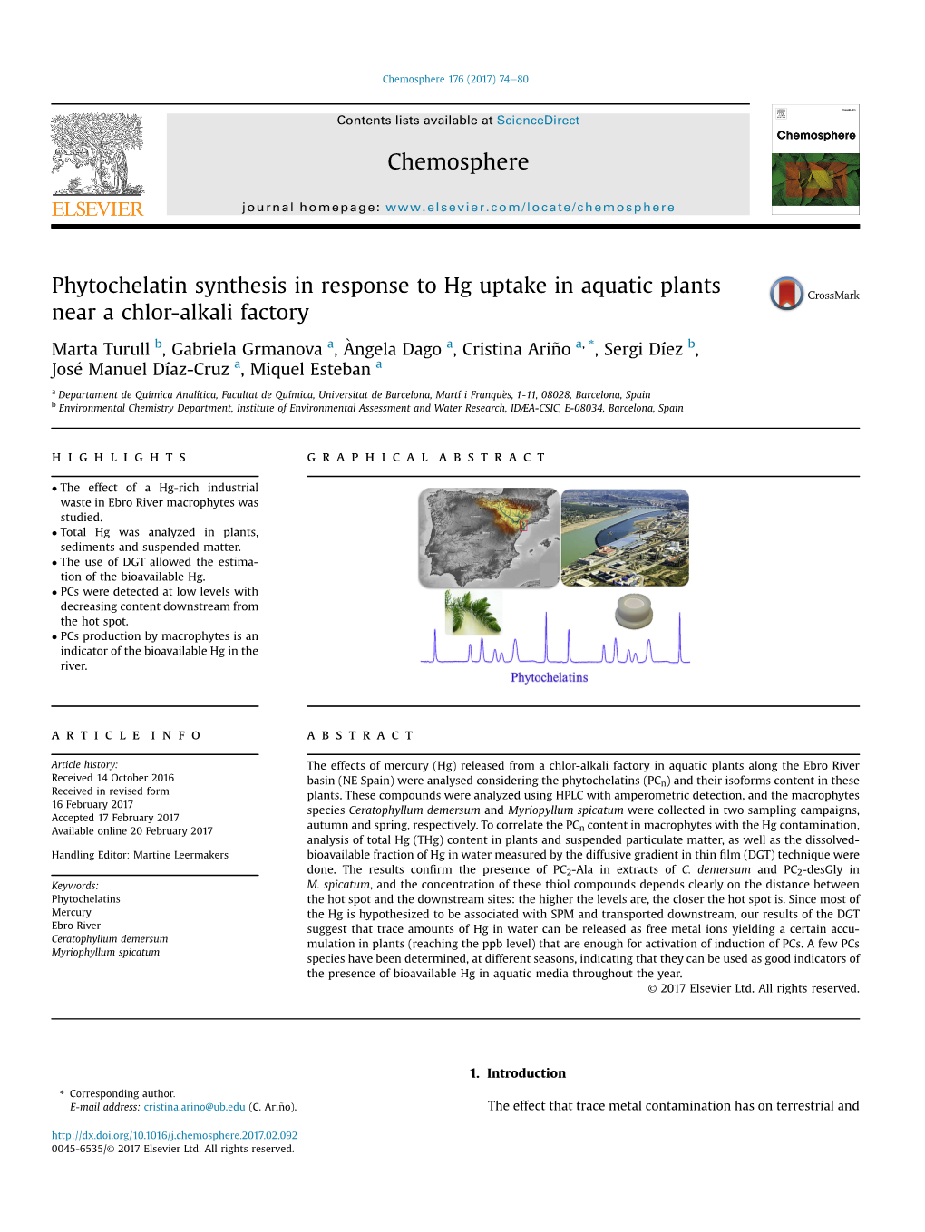 Phytochelatin Synthesis in Response to Hg Uptake in Aquatic Plants Near A