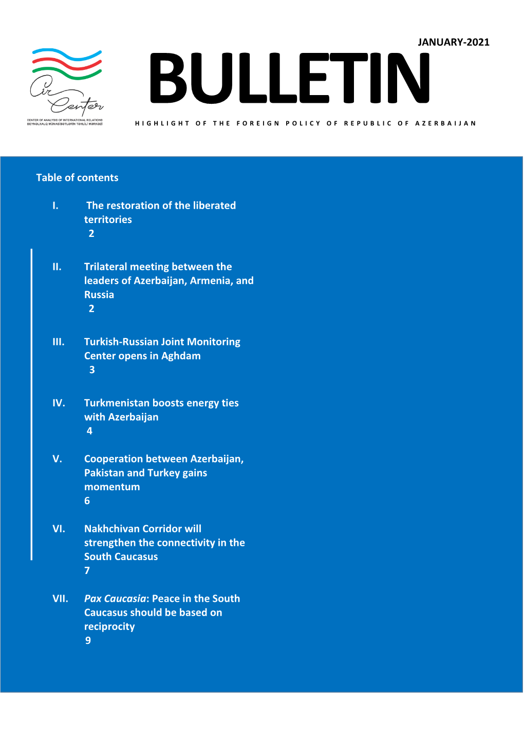 JANUARY-2021 Table of Contents I. the Restoration of the Liberated