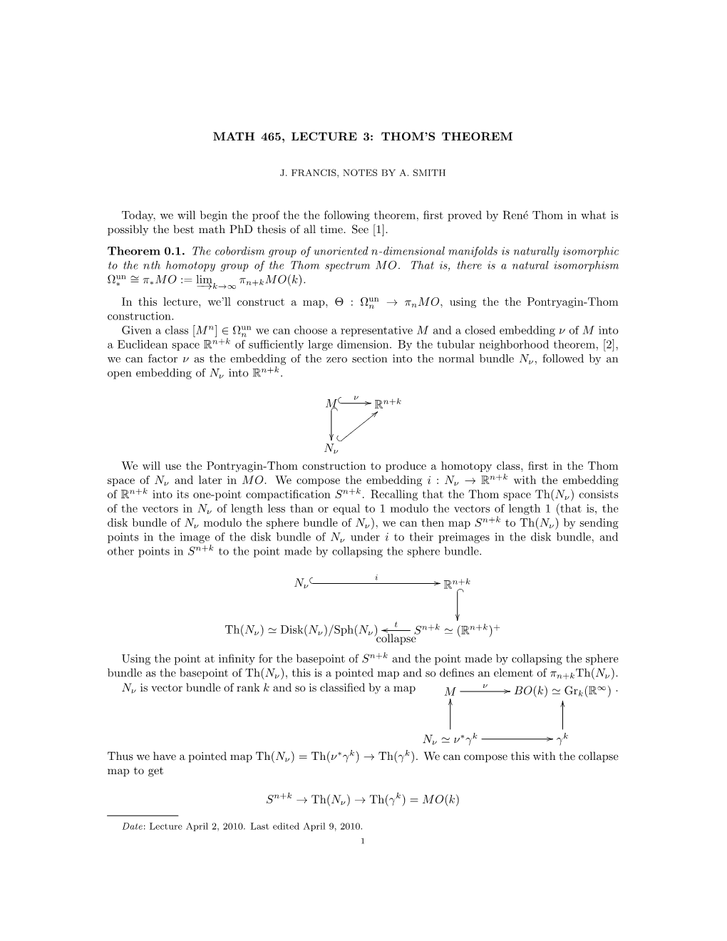 MATH 465, LECTURE 3: THOM's THEOREM Today, We Will Begin the Proof the the Following Theorem, First Proved by René Thom in Wh