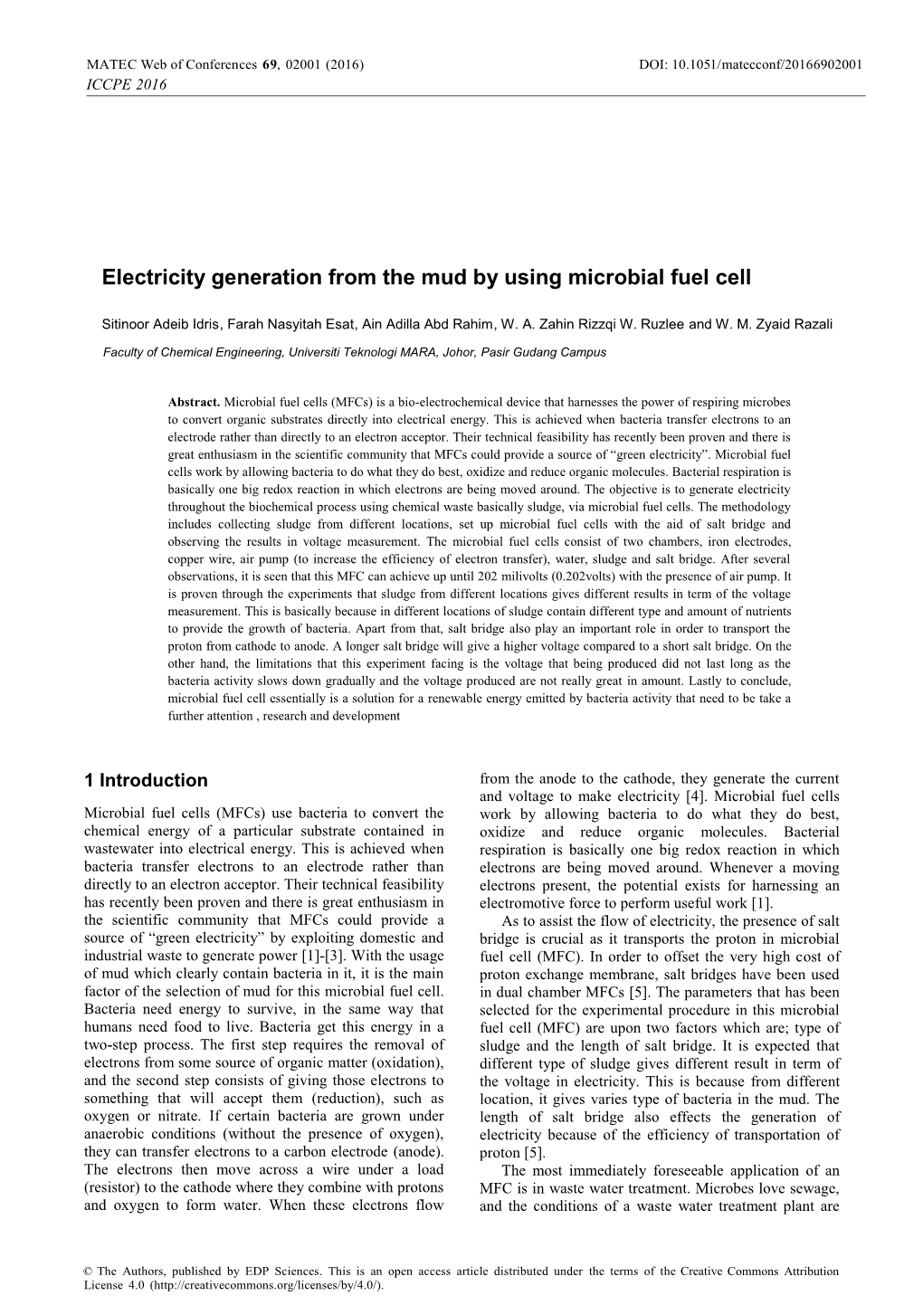 Electricity Generation from the Mud by Using Microbial Fuel Cell