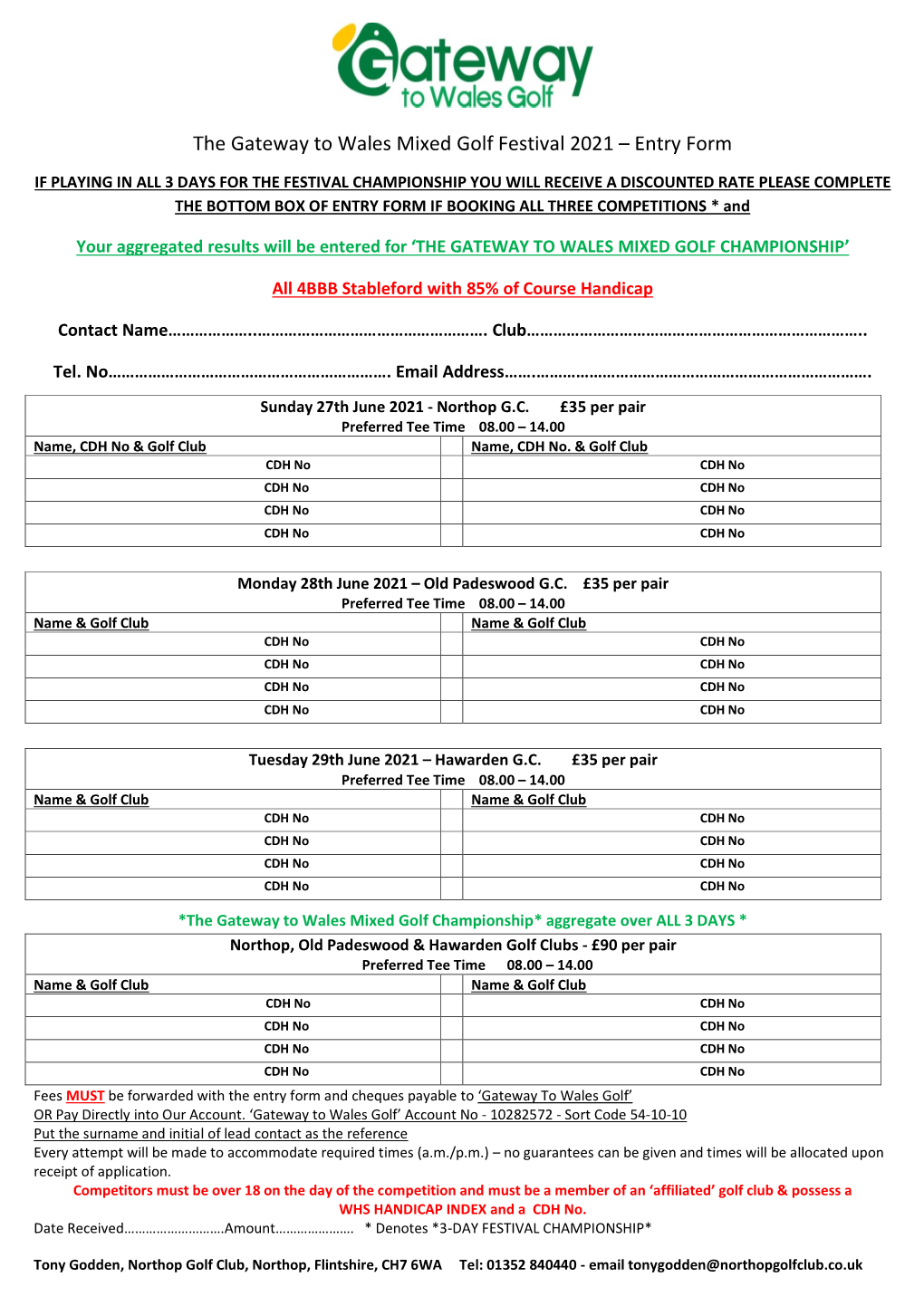 The Gateway to Wales Mixed Golf Festival 2021 – Entry Form