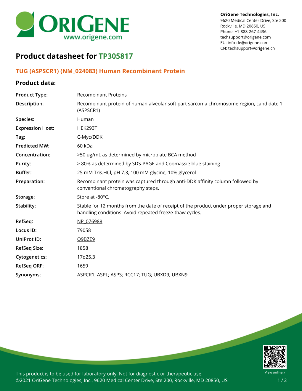 TUG (ASPSCR1) (NM 024083) Human Recombinant Protein Product Data