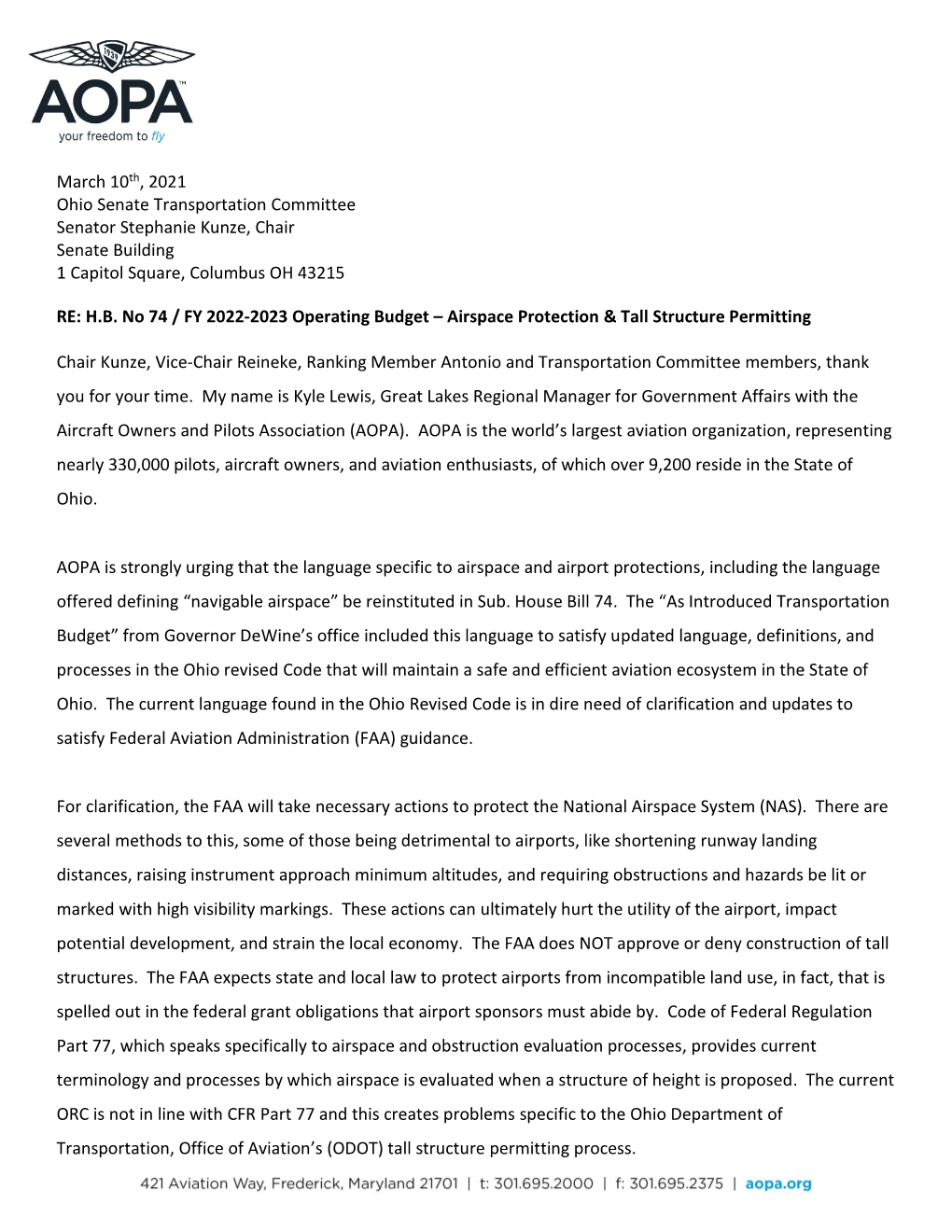 March 10Th, 2021 Ohio Senate Transportation Committee Senator Stephanie Kunze, Chair Senate Building 1 Capitol Square, Columbus OH 43215