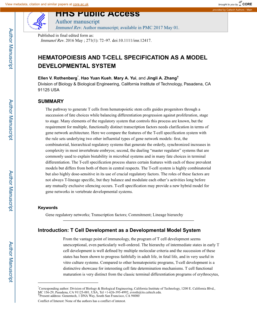 Hematopoiesis and T-Cell Specification As a Model Developmental System