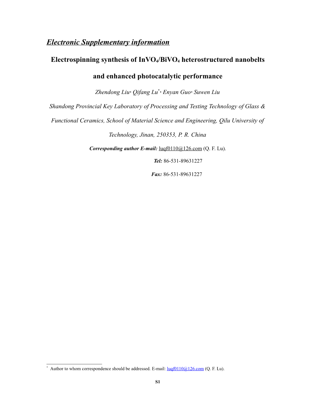 Electrospinning Synthesis of Invo4/Bivo4 Heterostructured Nanobelts and Enhanced Photocatalytic