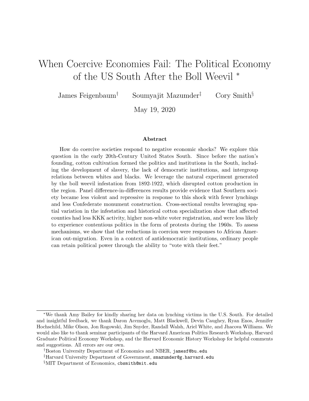 When Coercive Economies Fail: the Political Economy of the US South After the Boll Weevil ∗