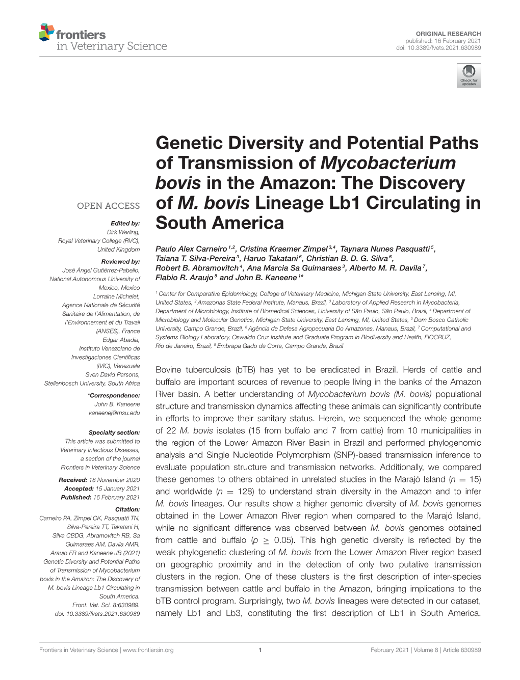 Genetic Diversity and Potential Paths of Transmission of Mycobacterium Bovis in the Amazon: the Discovery of M