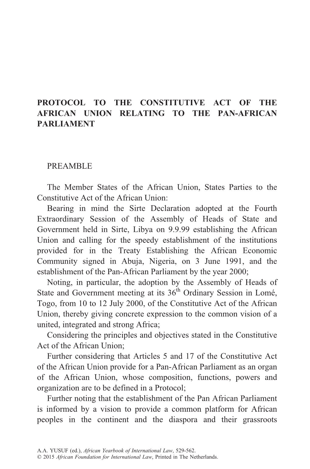 Protocol to the Constitutive Act of the African Union Relating to the Pan-African Parliament