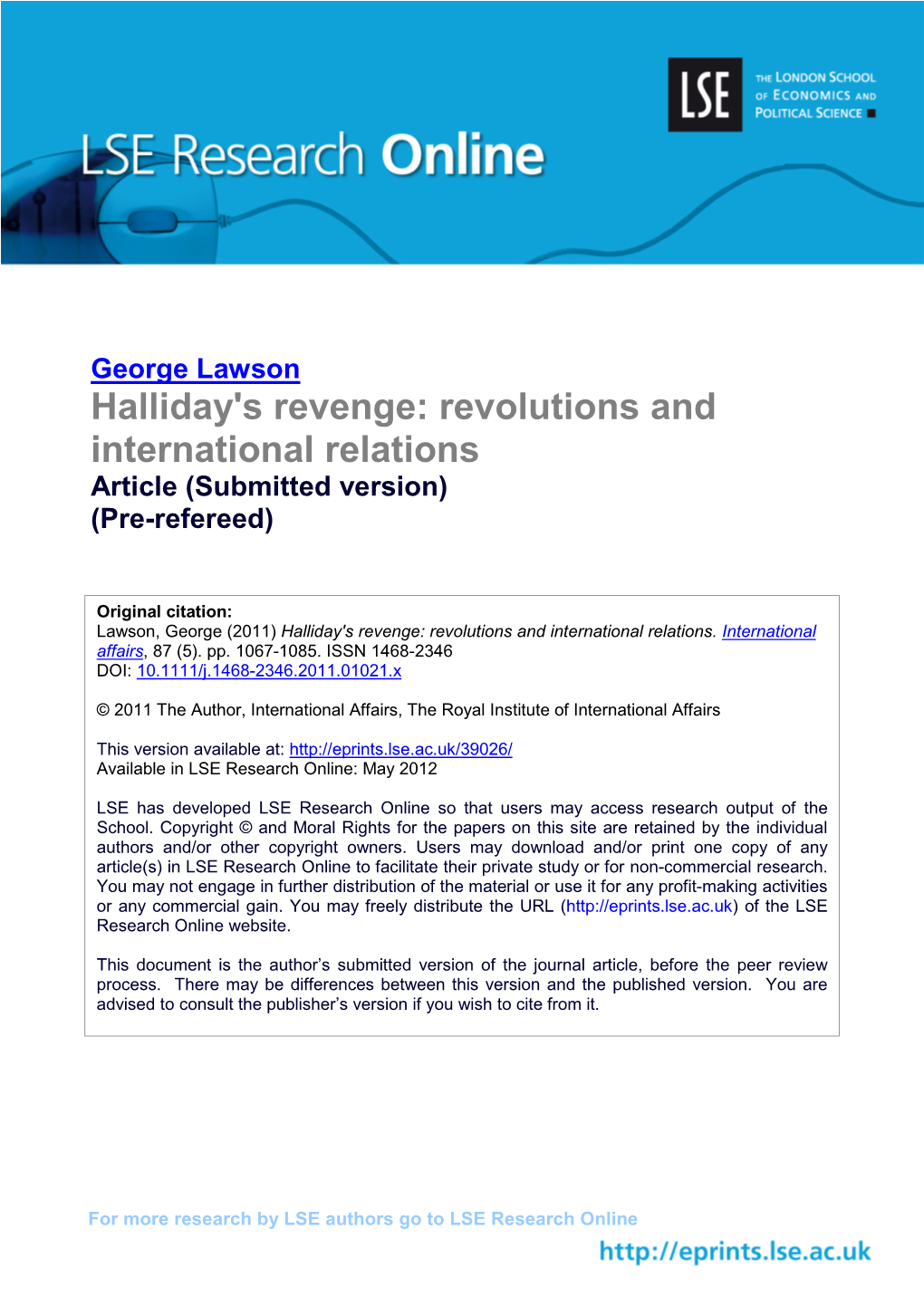 Halliday's Revenge: Revolutions and International Relations Article (Submitted Version) (Pre-Refereed)