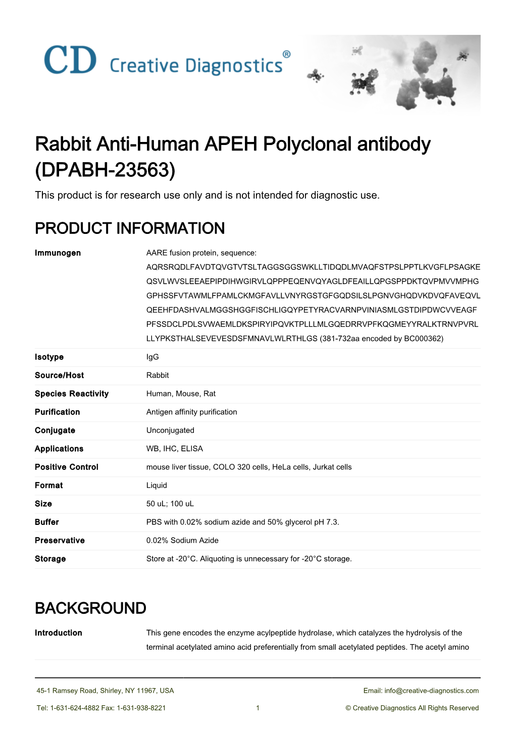 Rabbit Anti-Human APEH Polyclonal Antibody (DPABH-23563) This Product Is for Research Use Only and Is Not Intended for Diagnostic Use