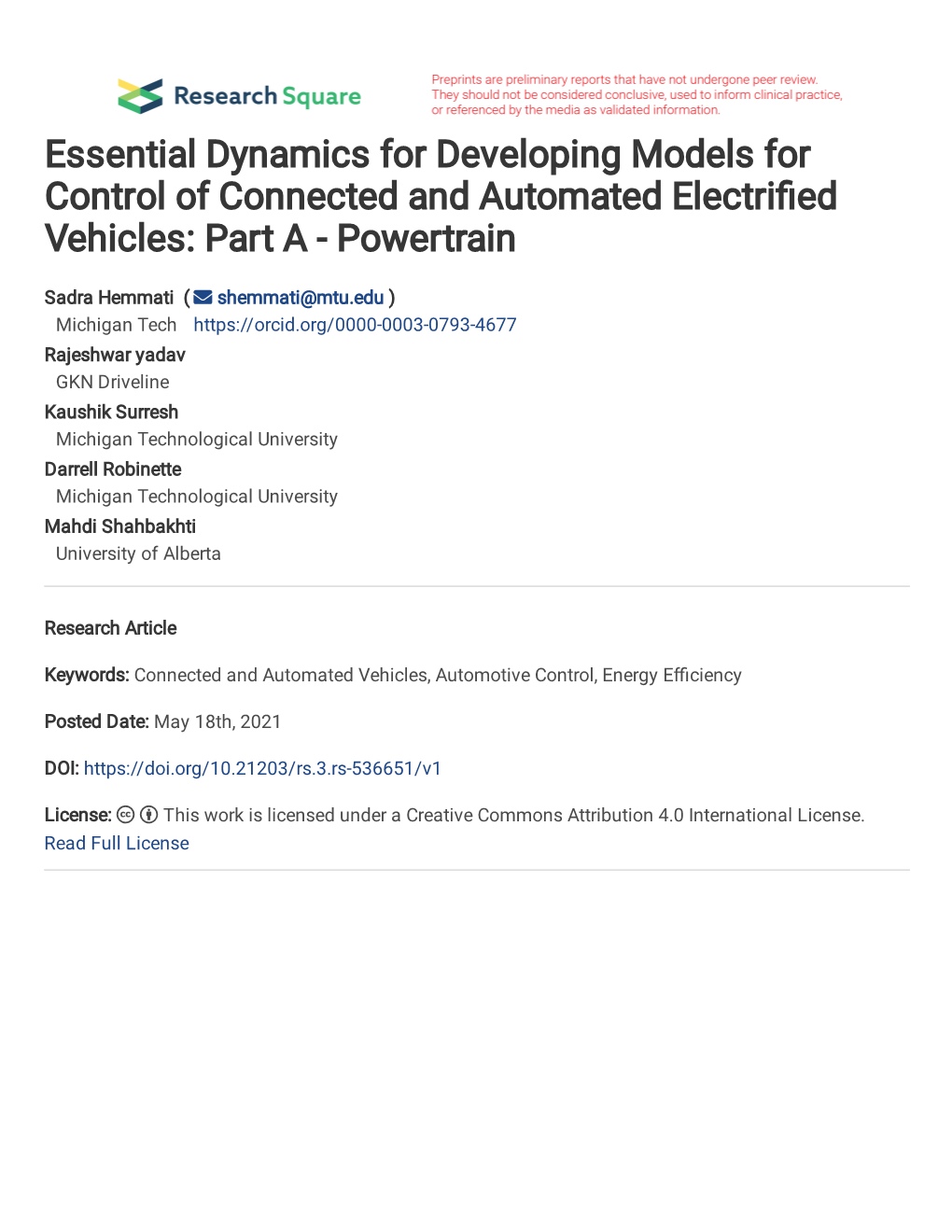 Essential Dynamics for Developing Models for Control of Connected and Automated Electri�Ed Vehicles: Part a - Powertrain