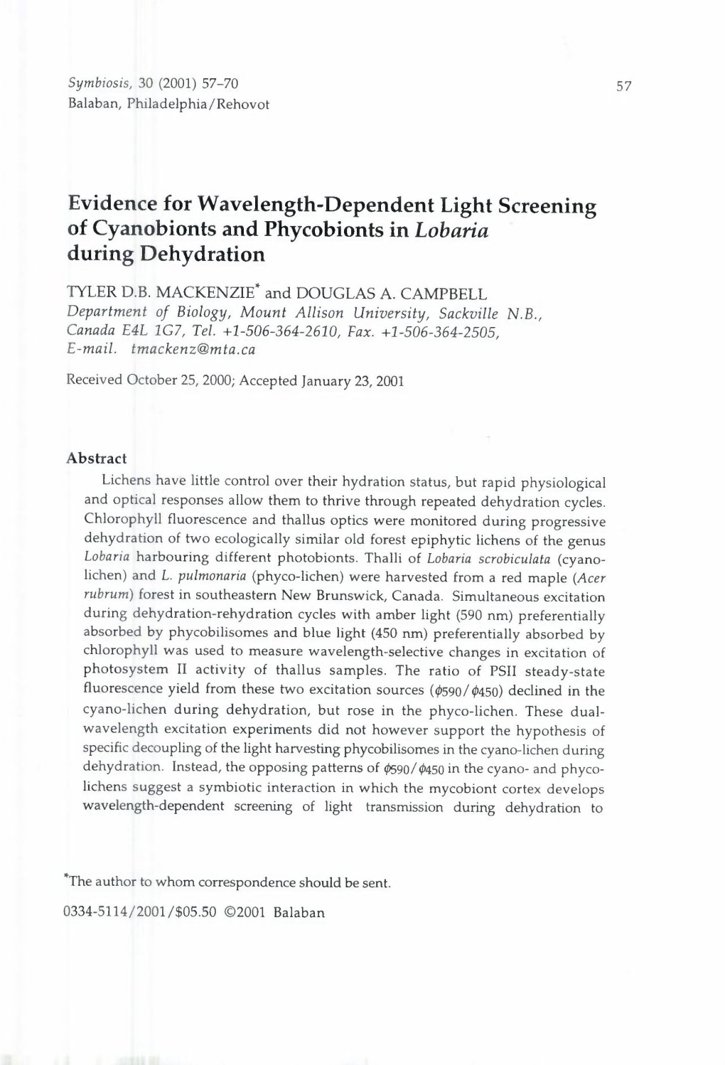 Evidence for Wavelength-Dependent Light Screening of Cyanobionts and Phycobionts in Lobaria During Dehydration