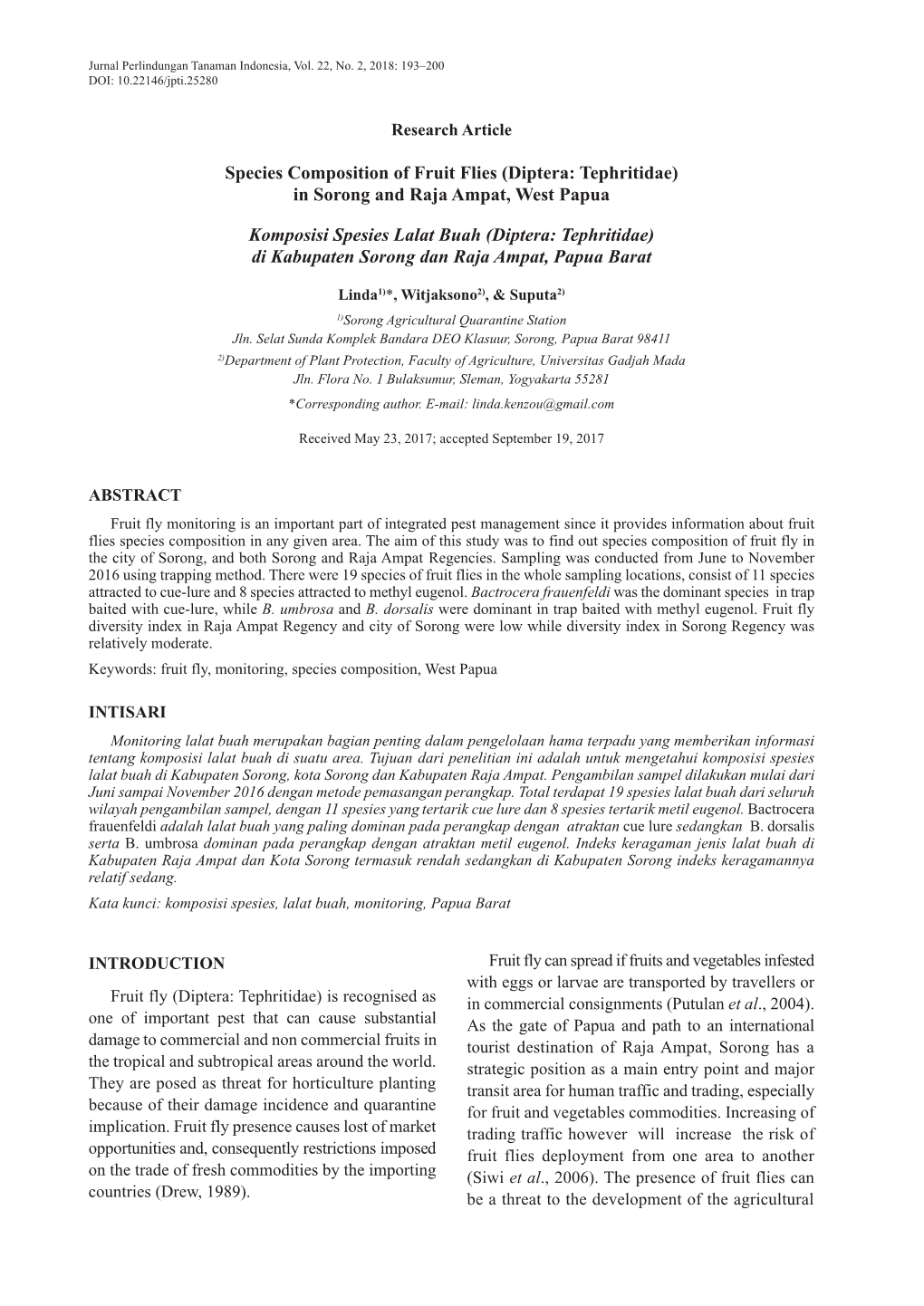 Species Composition of Fruit Flies (Diptera: Tephritidae) in Sorong and Raja Ampat, West Papua