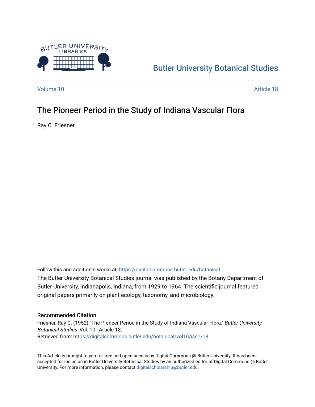 The Pioneer Period in the Study of Indiana Vascular Flora