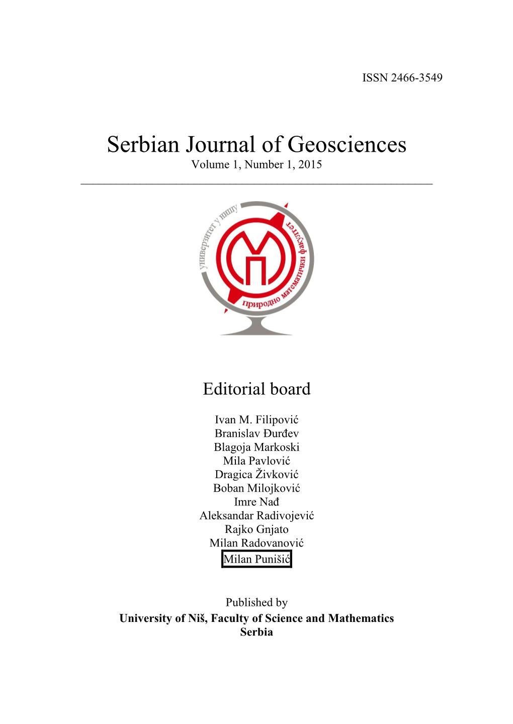 Serbian Journal of Geosciences Volume 1, Number 1, 2015 ______