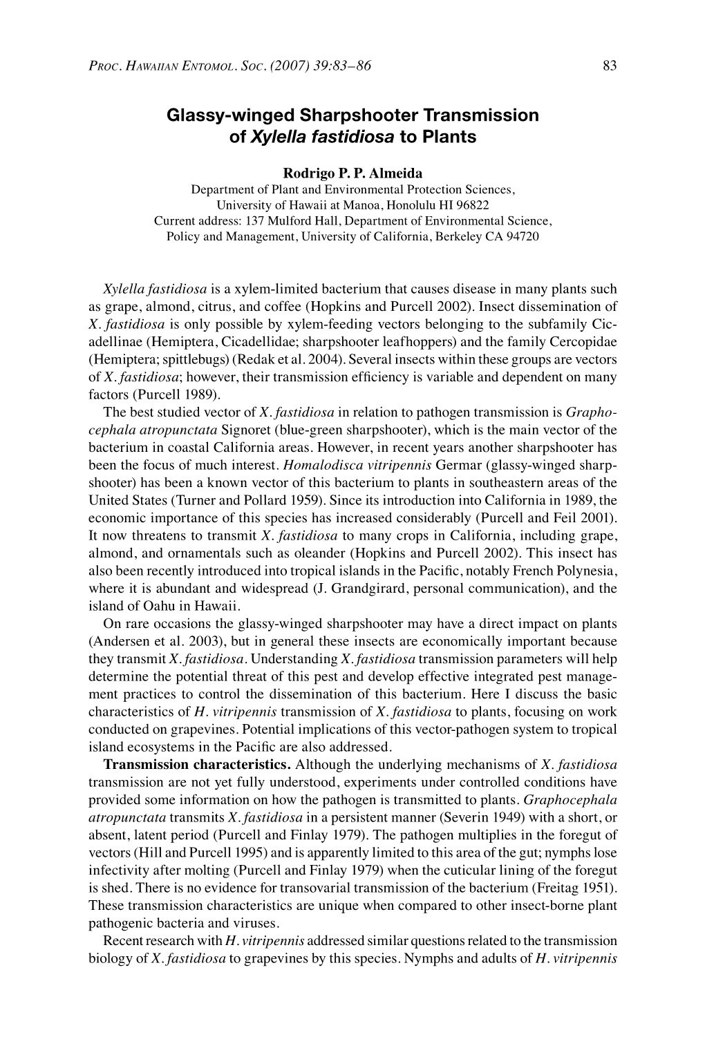 Glassy-Winged Sharpshooter Transmission of Xylella Fastidiosa to Plants