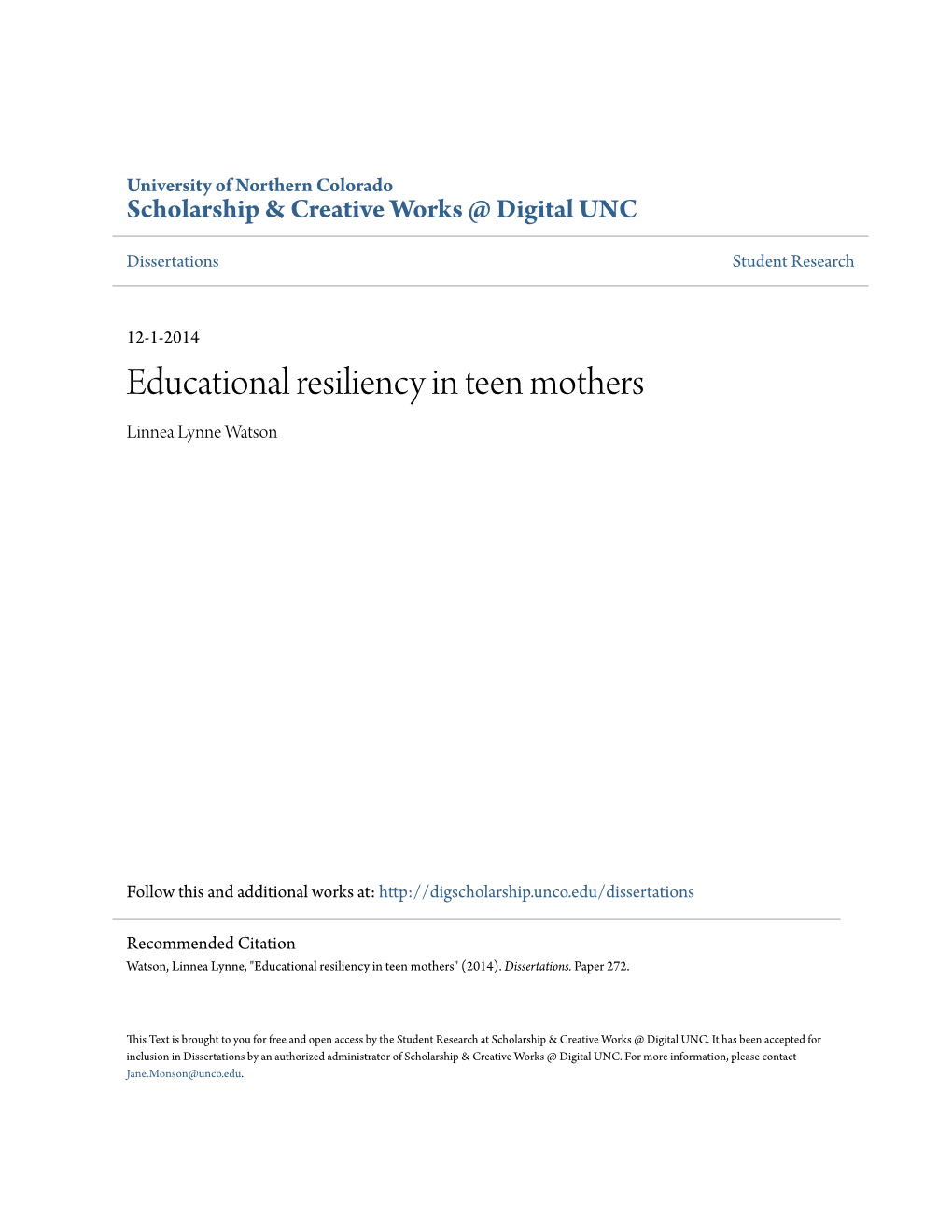 Educational Resiliency in Teen Mothers Linnea Lynne Watson